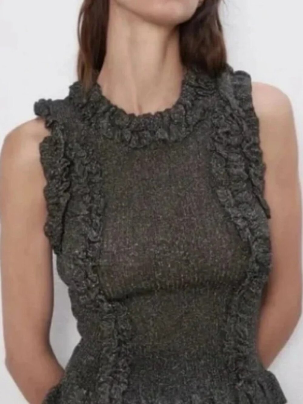 ZARA Metallic Thread Ruffled Sleeveless Top - Black Rainbow